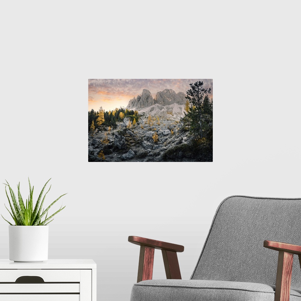 A modern room featuring Sunrise in Odle Mountains group with yellow trees, Funes Valley, South Tyrol, Italy
