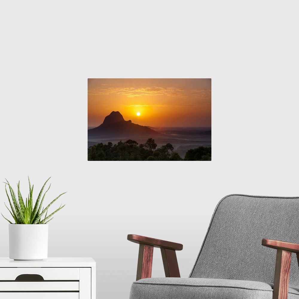A modern room featuring Sunrise over Mount Tibrogargan. Glass House Mountains National Park, South East Queensland, Queen...