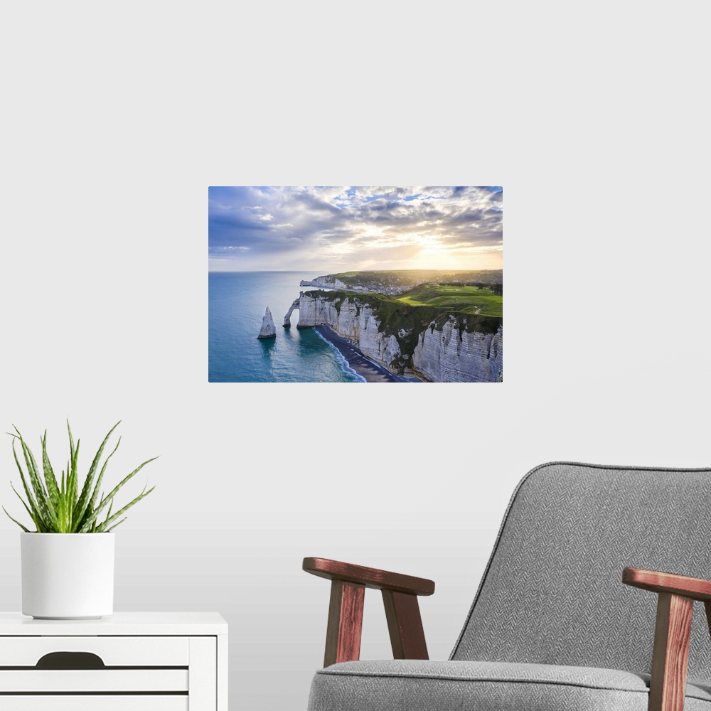 A modern room featuring Sunrise over the cliff of Etretat, Octeville sur Mer, Le Havre, Seine Maritime, Normandy, France,...