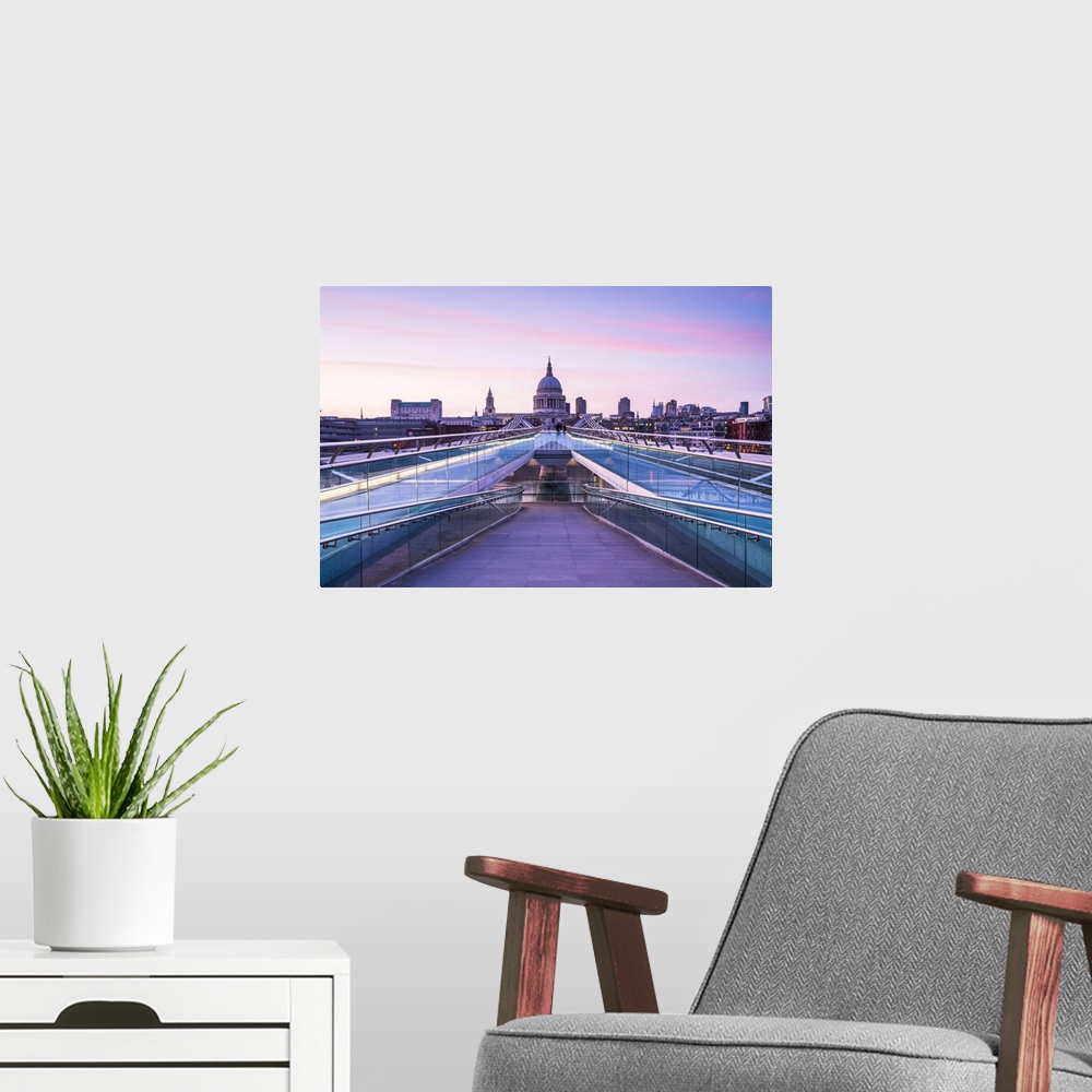 A modern room featuring Sunset over the Millenium bridge and St Pauls Cathedral, London, England, UK