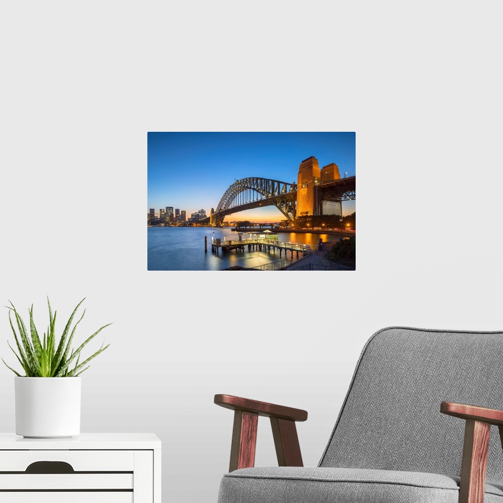 A modern room featuring Sydney Harbour Bridge At Sunset, Sydney, New South Wales, Australia