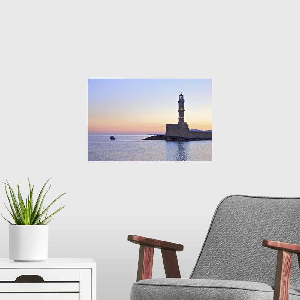 A modern room featuring The Lighthouse and Fishing Boat in The Venetian Harbour at Sunrise, Chania, Crete, Greek Islands,...