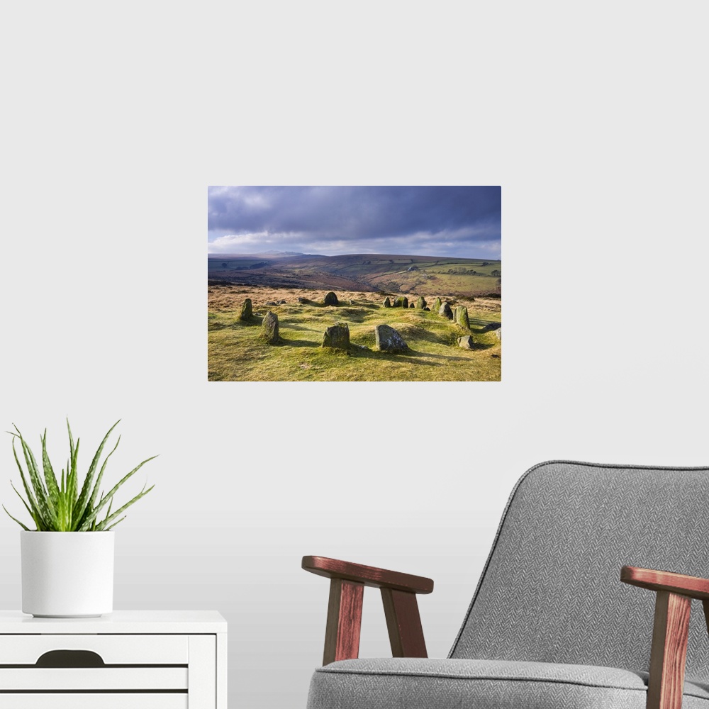A modern room featuring The Nine Maidens stone circle, otherwise known as the Seventeen Brothers on Belstone Common in No...