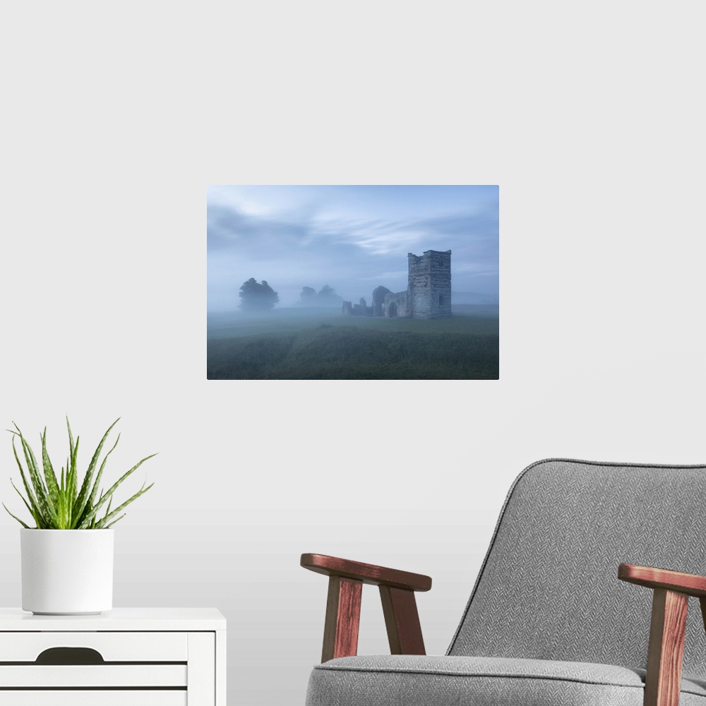 A modern room featuring The ruins of Knowlton Church at dawn, Knowlton, Dorset, England, UK.