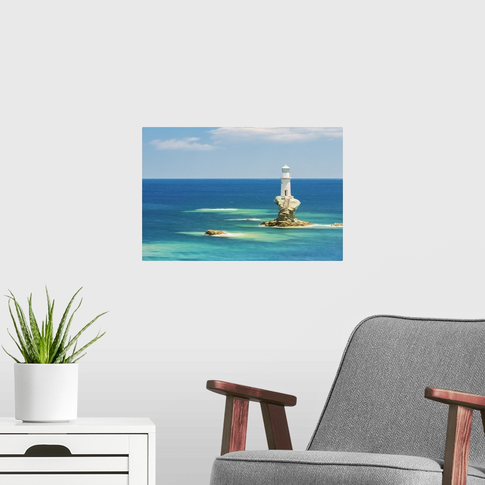 A modern room featuring Tourlitis lighthouse, the first automatic offshore lighthouse in Greece, Andros, Cyclades Archipe...