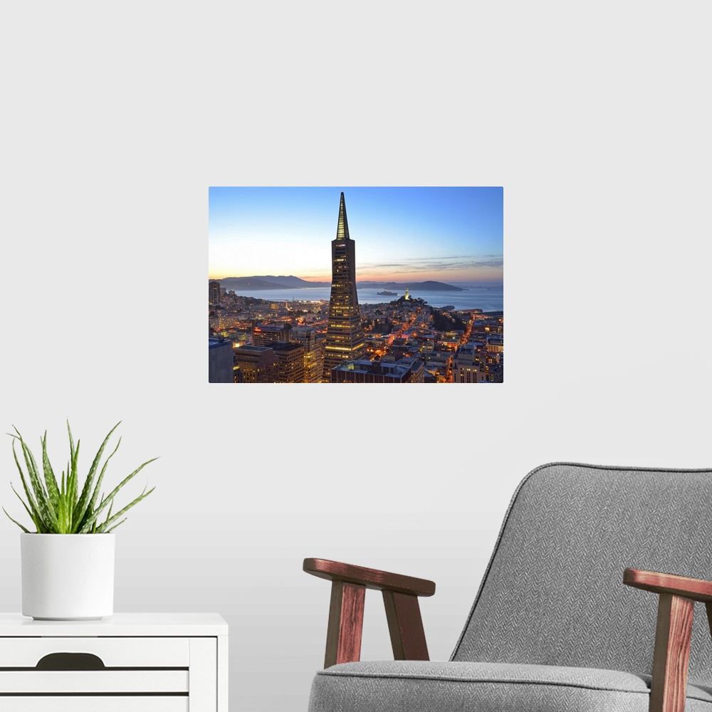 A modern room featuring View from hotel Mandarin Oriental towards Transamerica Puramid and Coit Tower, San Francisco, Cal...