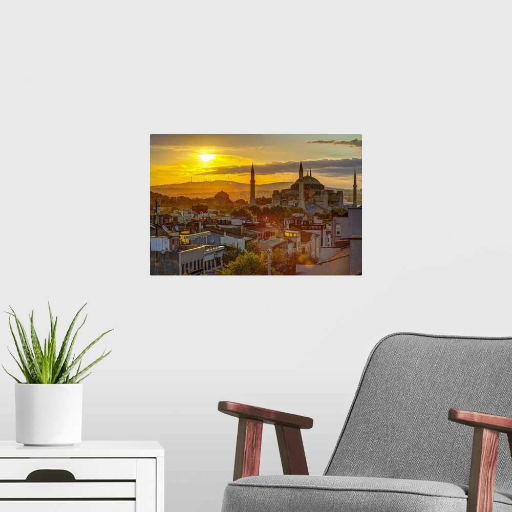A modern room featuring Turkey, Istanbul, Sultanahmet, Sunrise over Hagia Sophia (or Ayasofya),  Greek Orthodox basilica,...