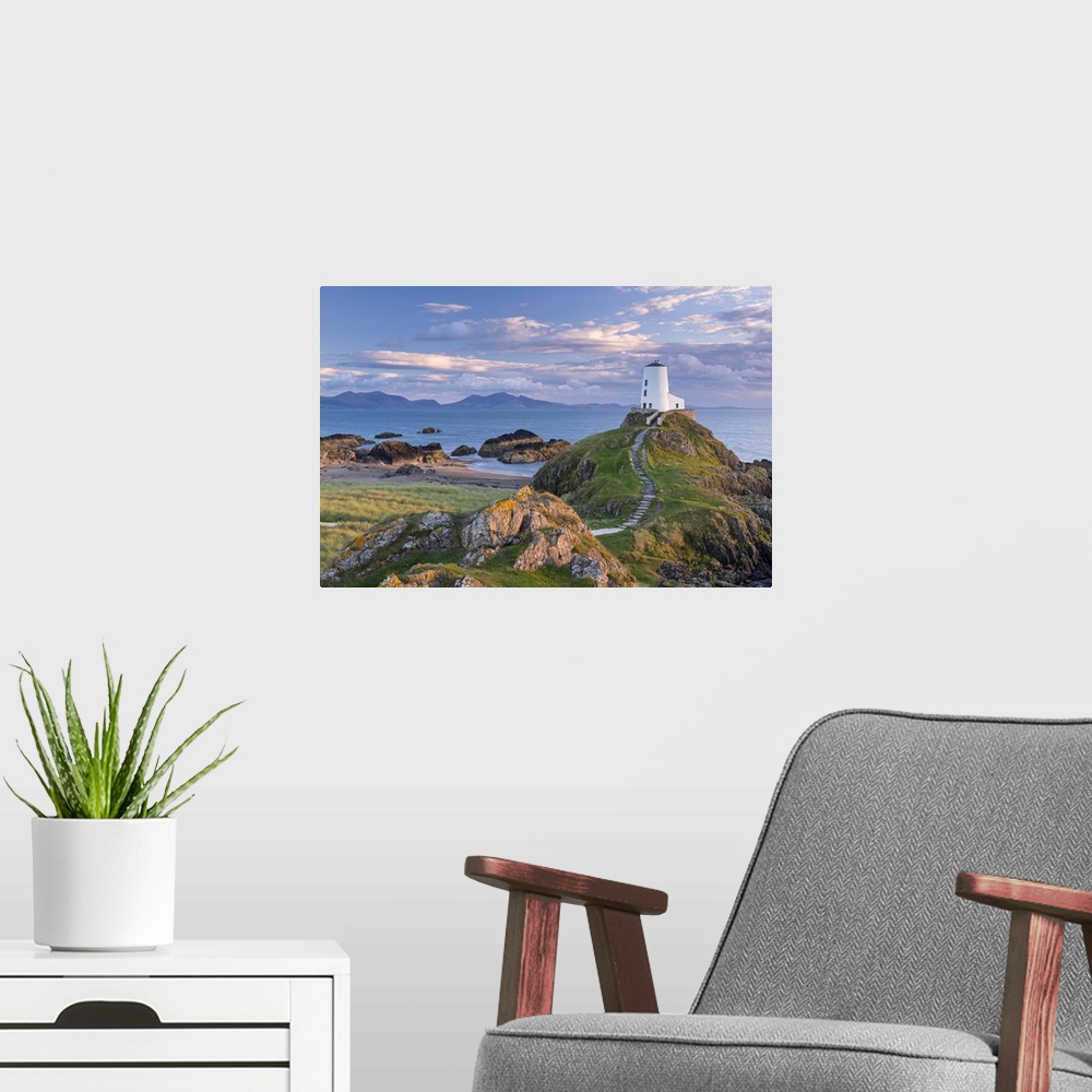 A modern room featuring Twr Mawr lighthouse on Llanddwyn Island in Anglesey, North Wales, UK. Autumn (September) 2013.