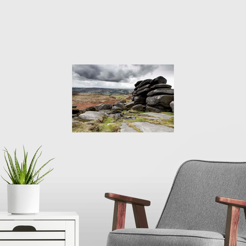 A modern room featuring UK, England, Derbyshire, Peak District National Park, Higger Tor towards Hathersage