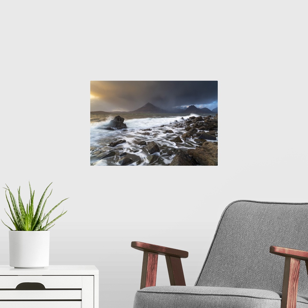 A modern room featuring United Kingdom, UK, Scotland, Inner Hebrides, Elgol Beach in all its Drama. An incoming storm bri...