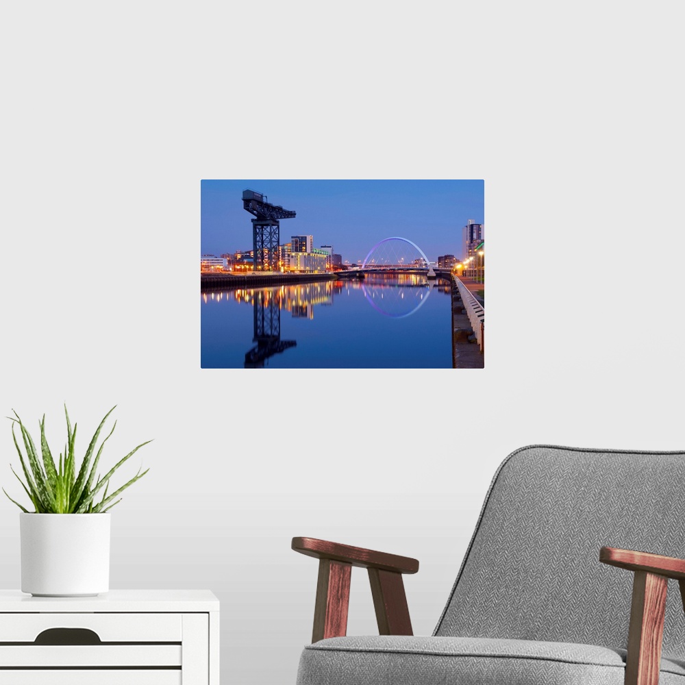 A modern room featuring UK, Scotland, Glasgow, River Clyde, Finnieston Crane and the Clyde Arc, nicknamed the Squinty Bridge