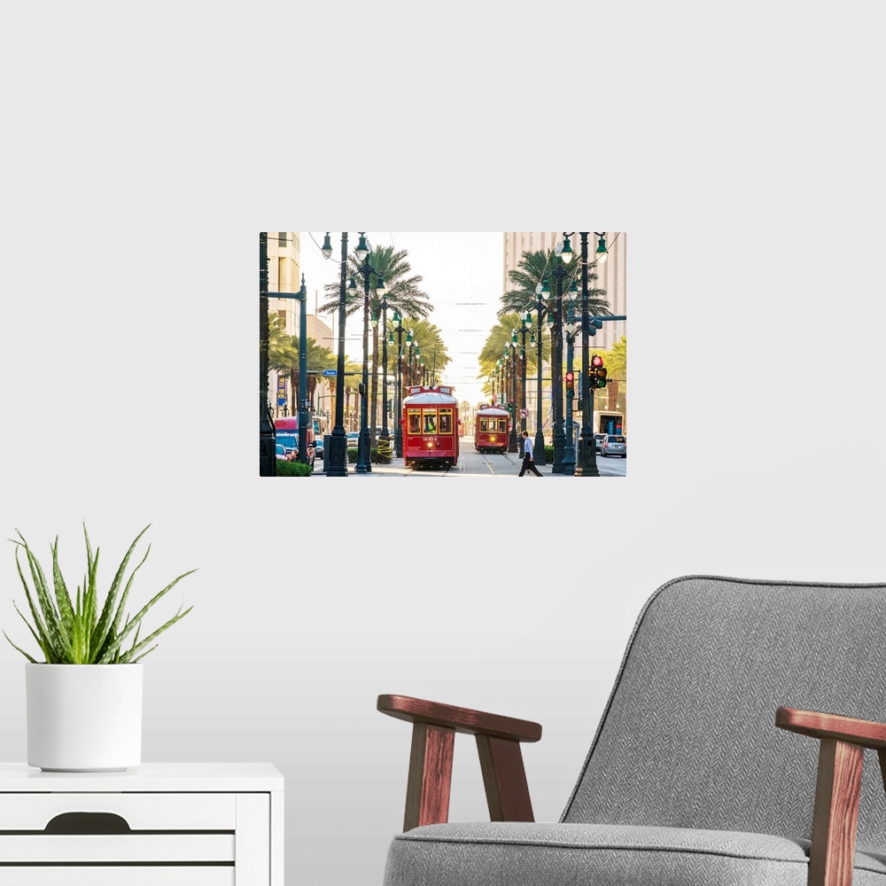 A modern room featuring United States, Louisiana, New Orleans. Canal Street streetcar line in the French Quarter.