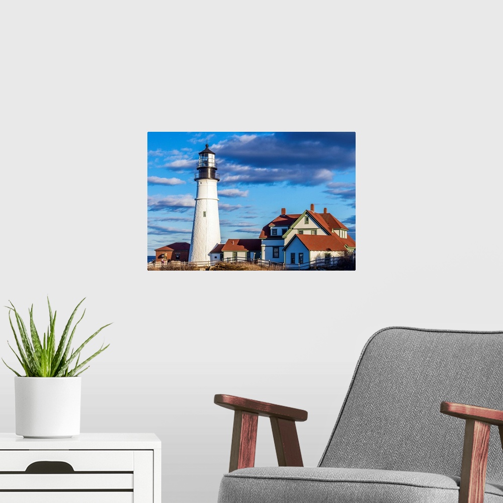 A modern room featuring USA, Maine, Cape Elizabeth, Portland Head Light lighthouse.