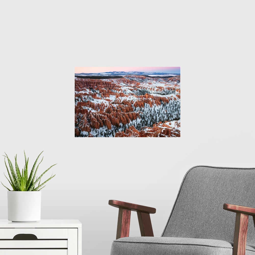 A modern room featuring USA, Utah, Bryce Canyon National Park, Bryce Amphitheater from Bryce Point dusk, winter