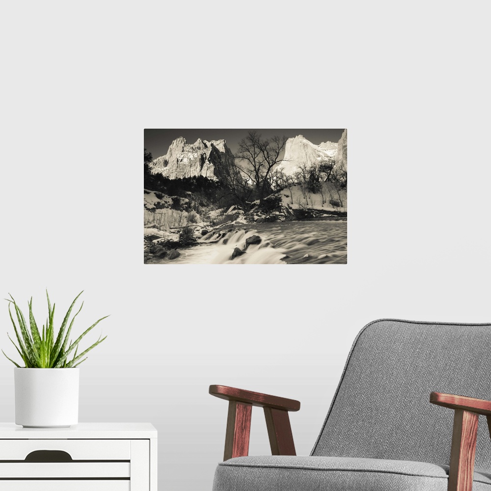 A modern room featuring USA, Utah, Zion National Park, Mountain Sunrise by the North Fork Virgin River. winter