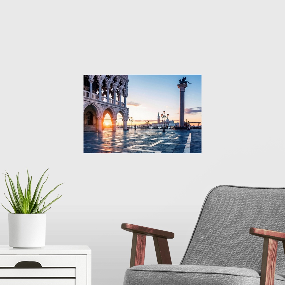 A modern room featuring Venice, Veneto, Italy. Sunrise Through The Arches Of Doge's Palace In Piazzetta San Marco.