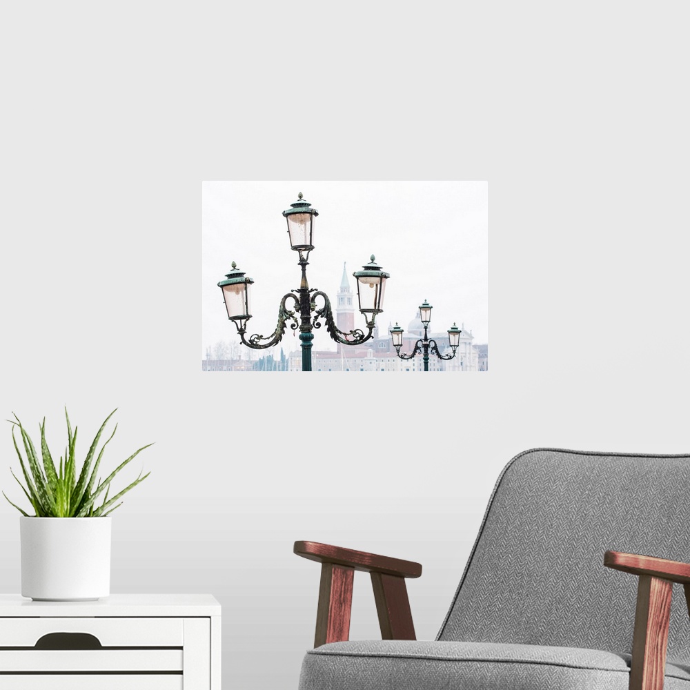 A modern room featuring Venice, Veneto, Italy. Typical Street Lamps And San Giorgio Maggiore In A Misty Morning.