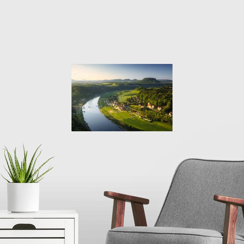 A modern room featuring View from the Bastei into the Elbe valley, Rathen, behind Lilienstein, national park Saxon Switze...