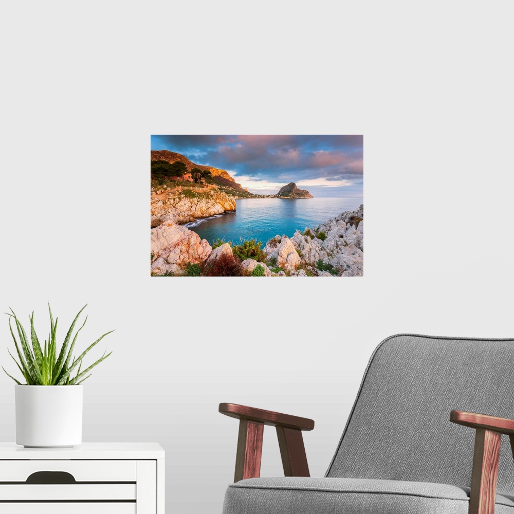 A modern room featuring View Of Cape Zafferano At Sunrise-Europe, Sicily Region, Italy, Palermo District, Sant'Elia Munic...