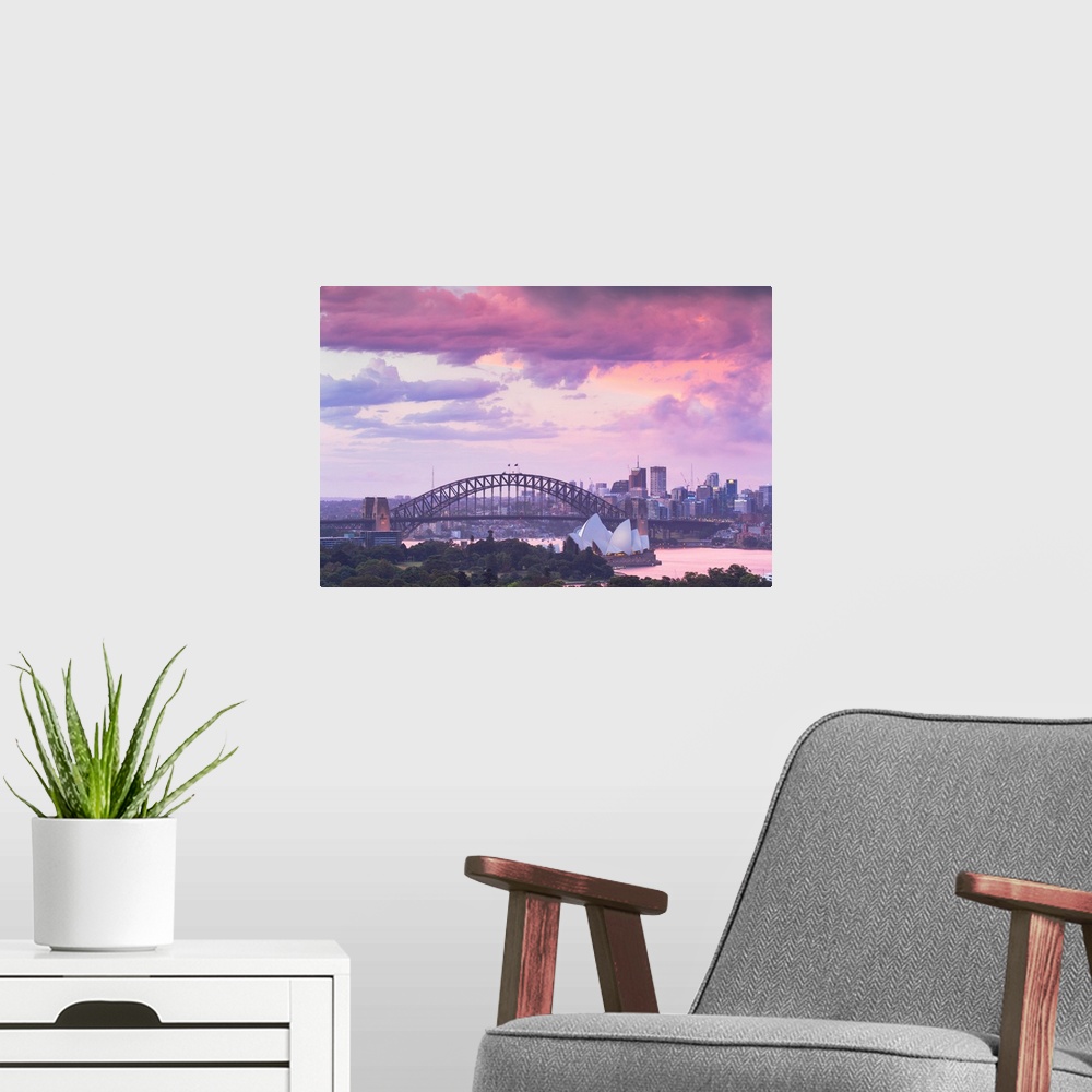 A modern room featuring View Of Sydney Harbour Bridge And Sydney Opera House At Sunset, Sydney, New South Wales, Australia