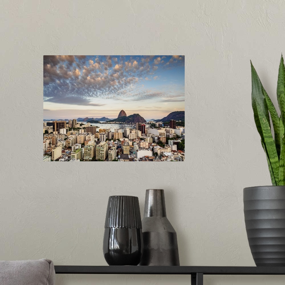 A modern room featuring View over Botafogo towards the Sugarloaf Mountain at sunset, Rio de Janeiro Brazil