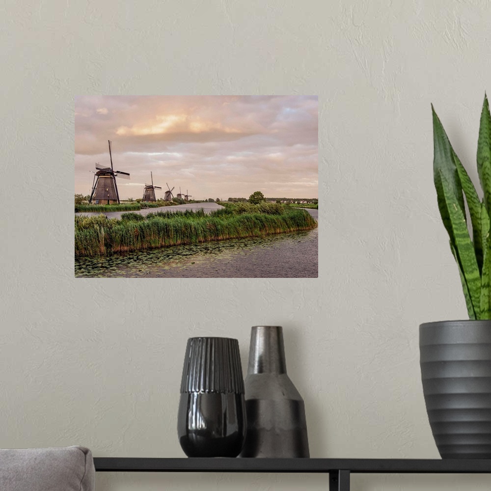 A modern room featuring Windmills In Kinderdijk At Sunset, UNESCO World Heritage Site, South Holland, The Netherlands