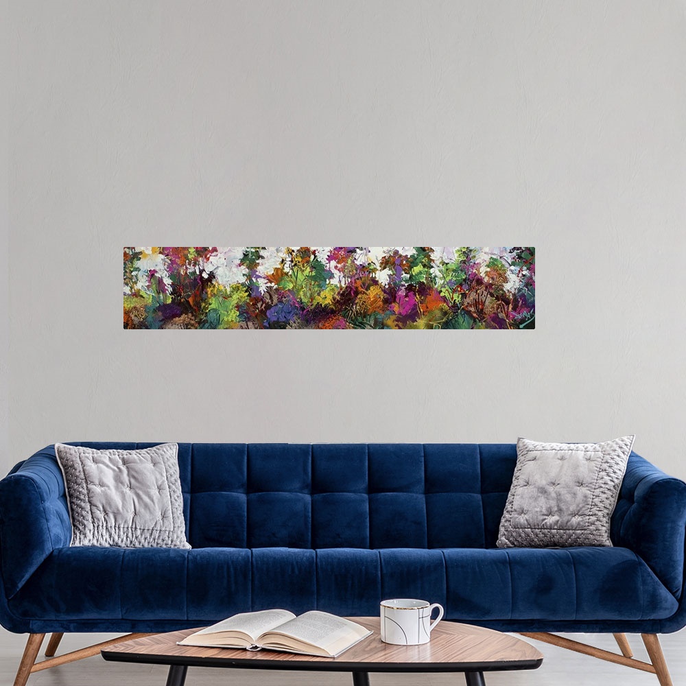 A modern room featuring A contemporary abstract painting using a wide spectrum of bright colors.