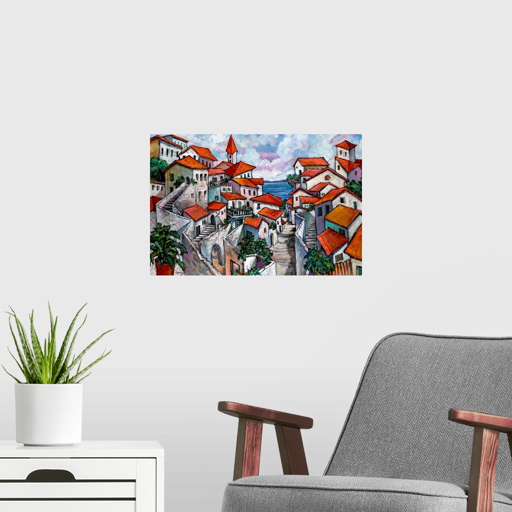 A modern room featuring Large, horizontal, contemporary painting of an Italian village on a hill, constructed with stone ...
