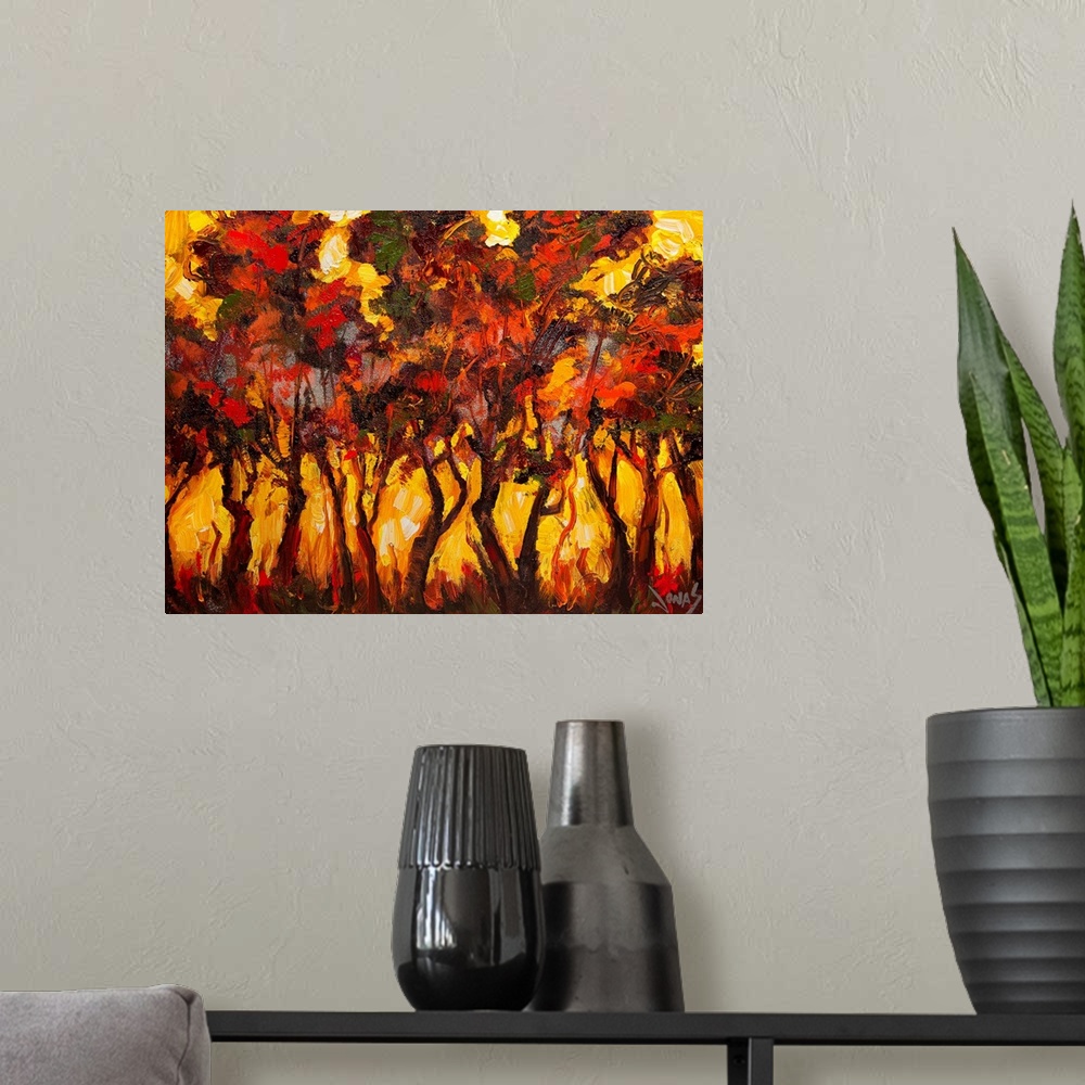 A modern room featuring Contemporary artwork for the home or office of trees that have various colors painted for leaves ...