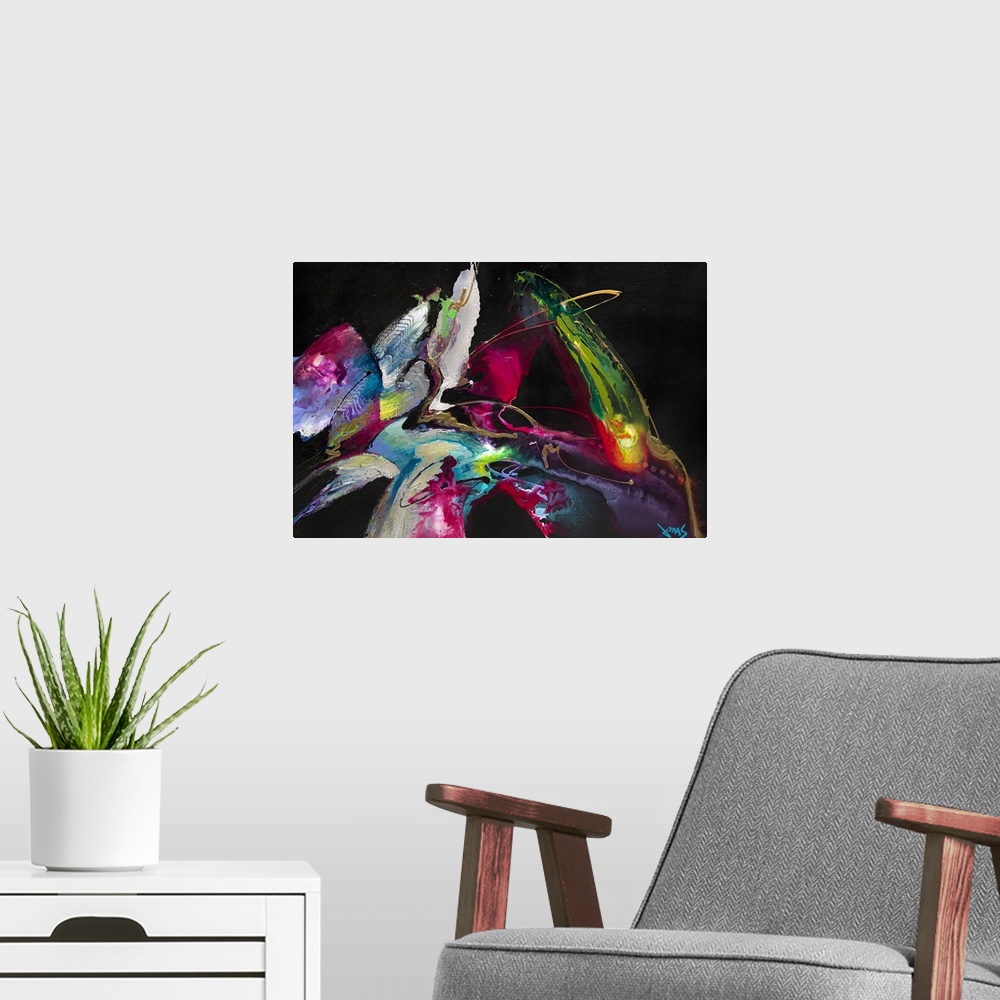 A modern room featuring Contemporary abstract painting of brightly colored shapes on a dark backdrop.