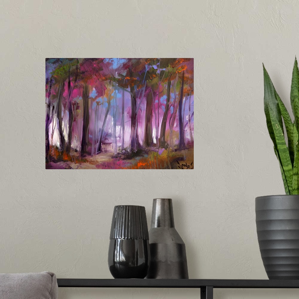A modern room featuring A contemporary painting of a dark forest that has a purple hue over it.
