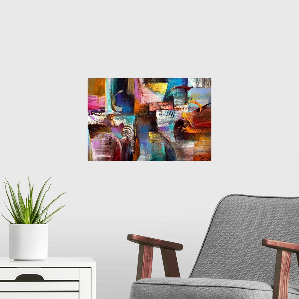 A modern room featuring Large abstract painting of different patches of color with grungy paint texture.