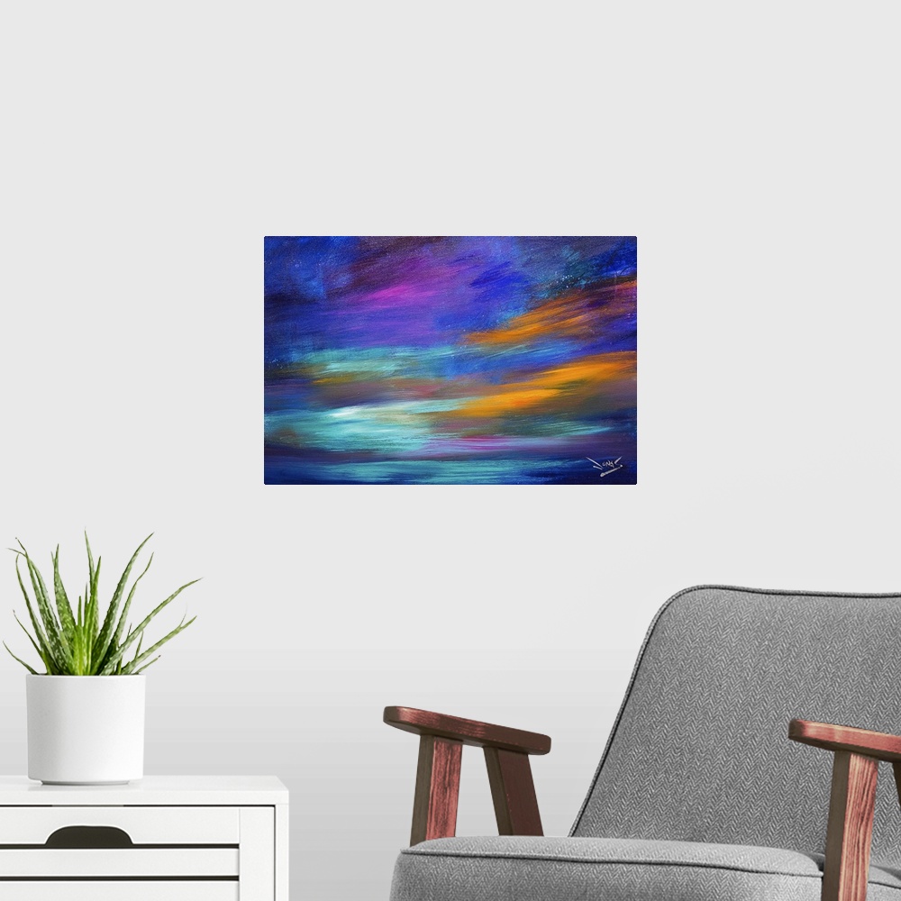 A modern room featuring Contemporary colorful abstract painting using a broad spectrum of dark cool colors.