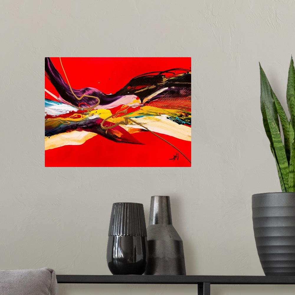 A modern room featuring A contemporary abstract painting of a fluid motion of color and texture against a red background.