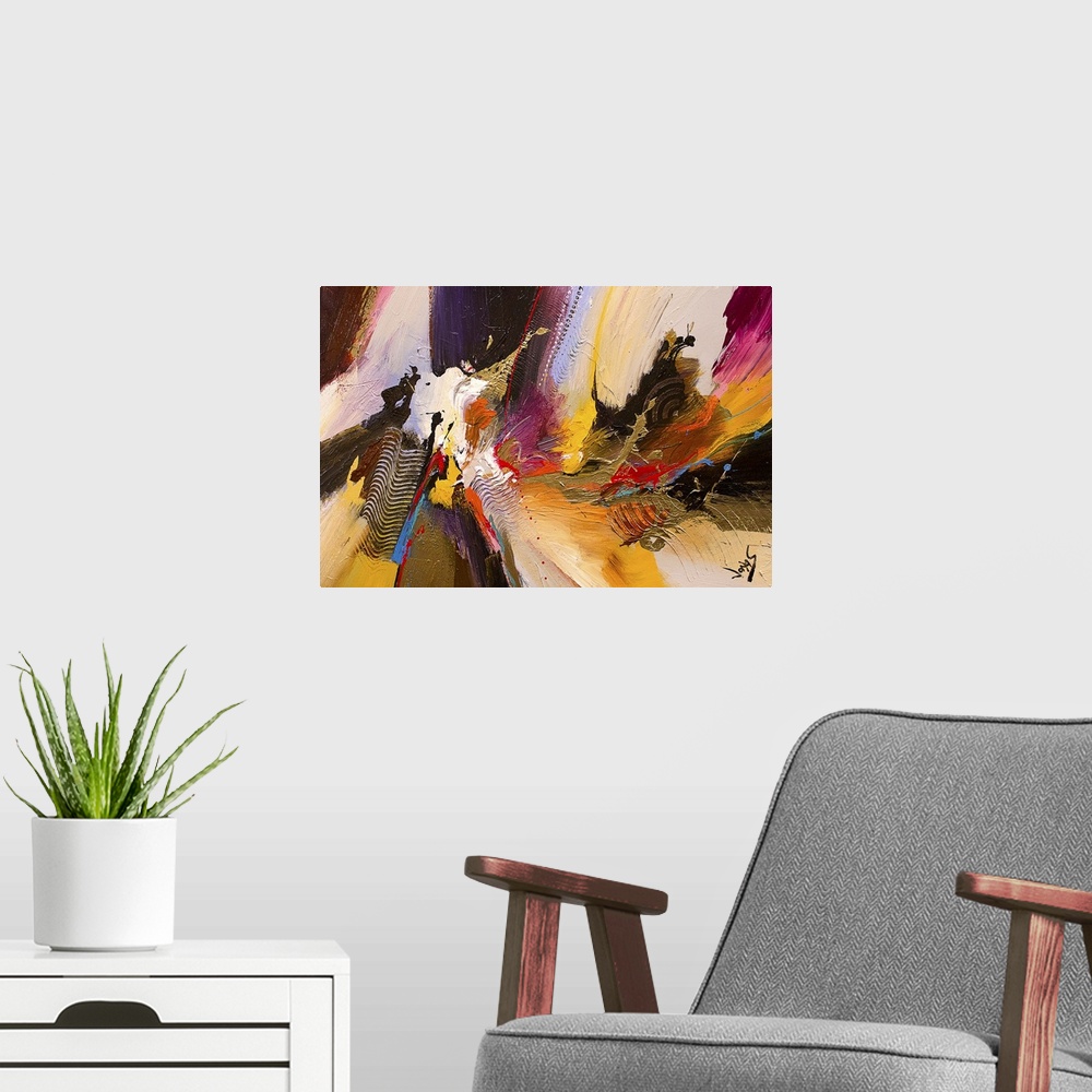 A modern room featuring A contemporary abstract painting using a wide spectrum of colors ranging from earthy to neon conv...