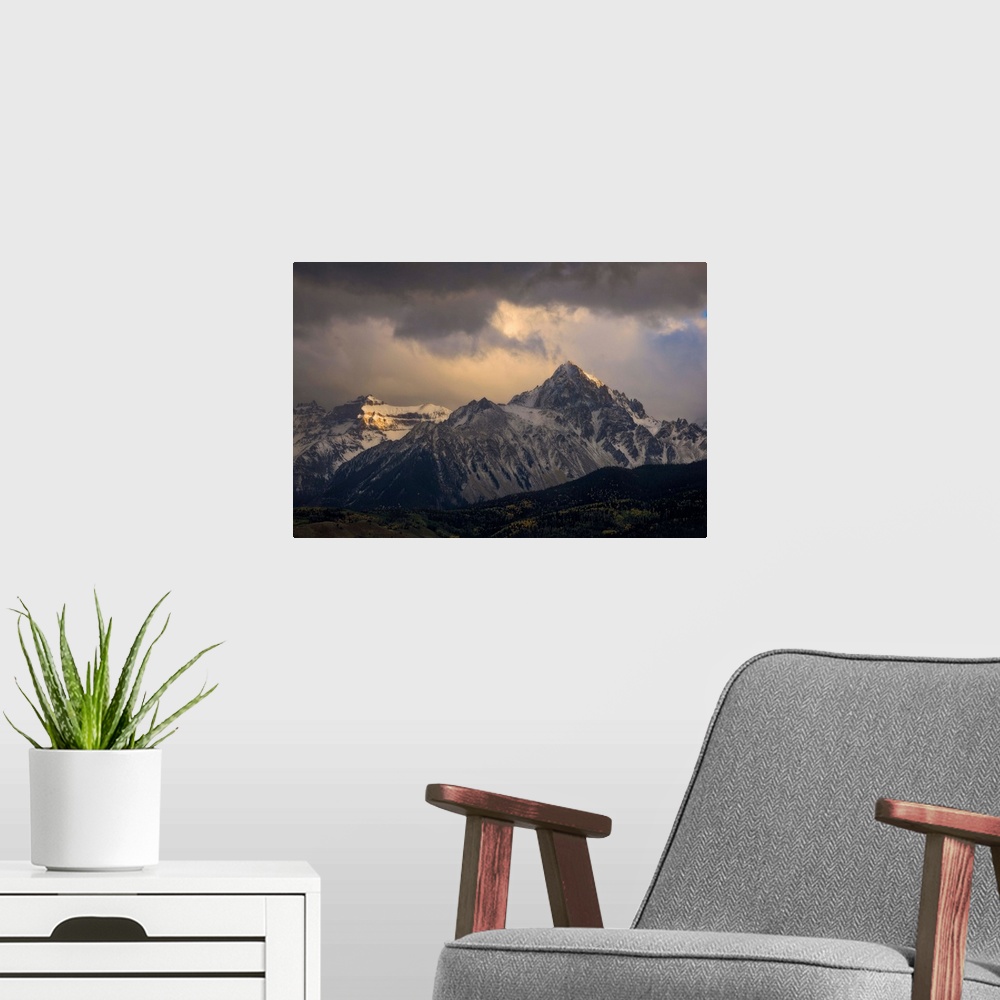 A modern room featuring Clouds Break Over Mount Sneffels In Peak Fall Color, San Juan Mountains