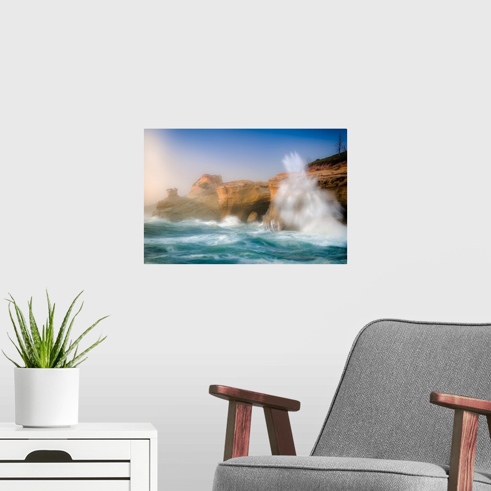 A modern room featuring Waves Crash Along the Oregon Coast, Cape Kiwanda