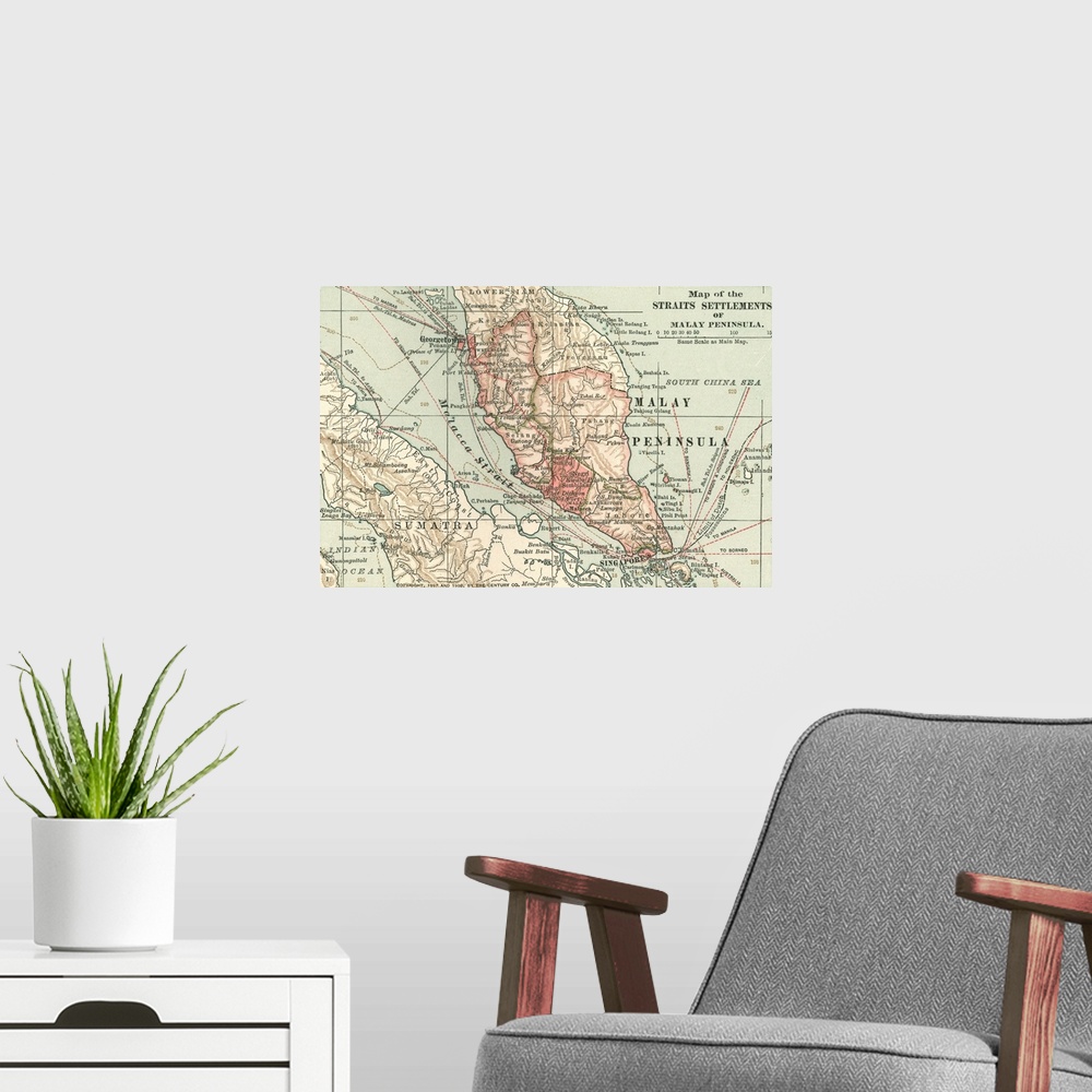 A modern room featuring Straits Settlements of Malay Peninsula - Vintage Map