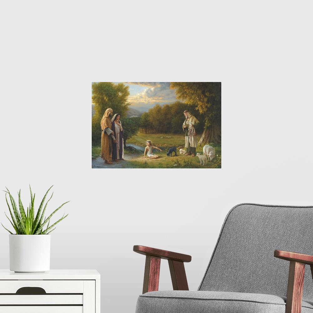 A modern room featuring Beautiful landscape with Christ and his family picking out a sheep.