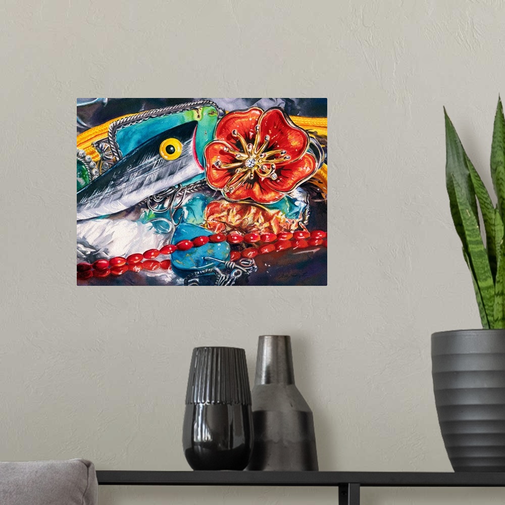 A modern room featuring Watercolor painting of a fishing lure sits on aluminum foil and interacts with a poppy pin, coral...