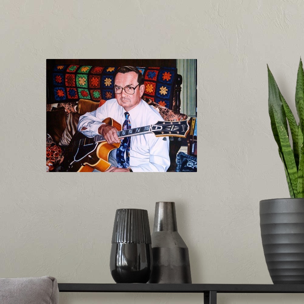 A modern room featuring A contemporary watercolor portrait of a man holding a Gibson Super 400 guitar.