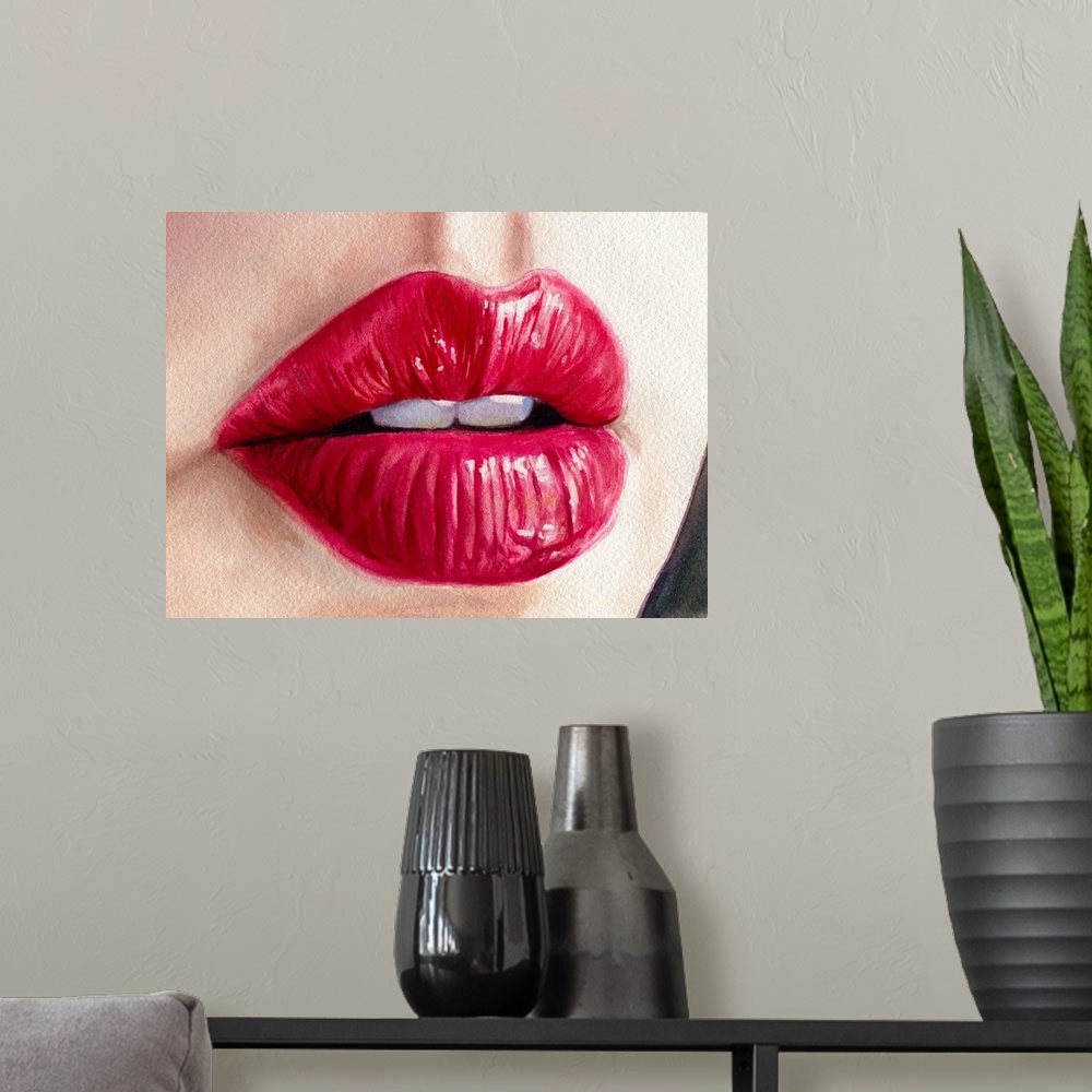 A modern room featuring Watercolor painting of close up of a woman's mouth with red lipstick.