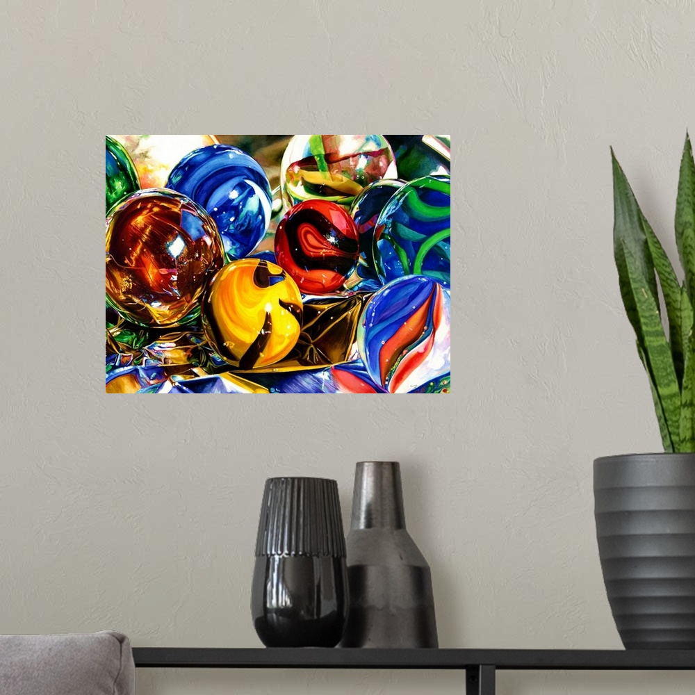 A modern room featuring Watercolor painting of colored marbles on a crumpled sheet of foil.