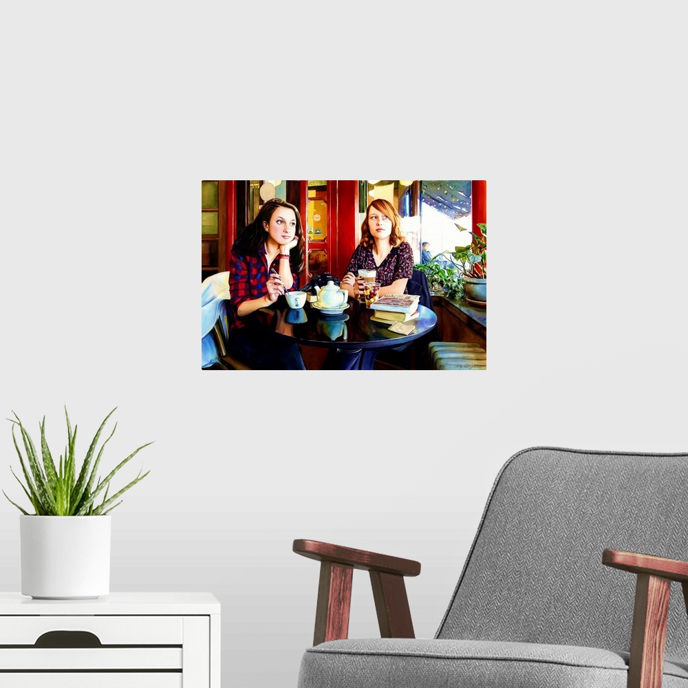 A modern room featuring A watercolor portrait of two teenagers sitting at a table in a restaurant.