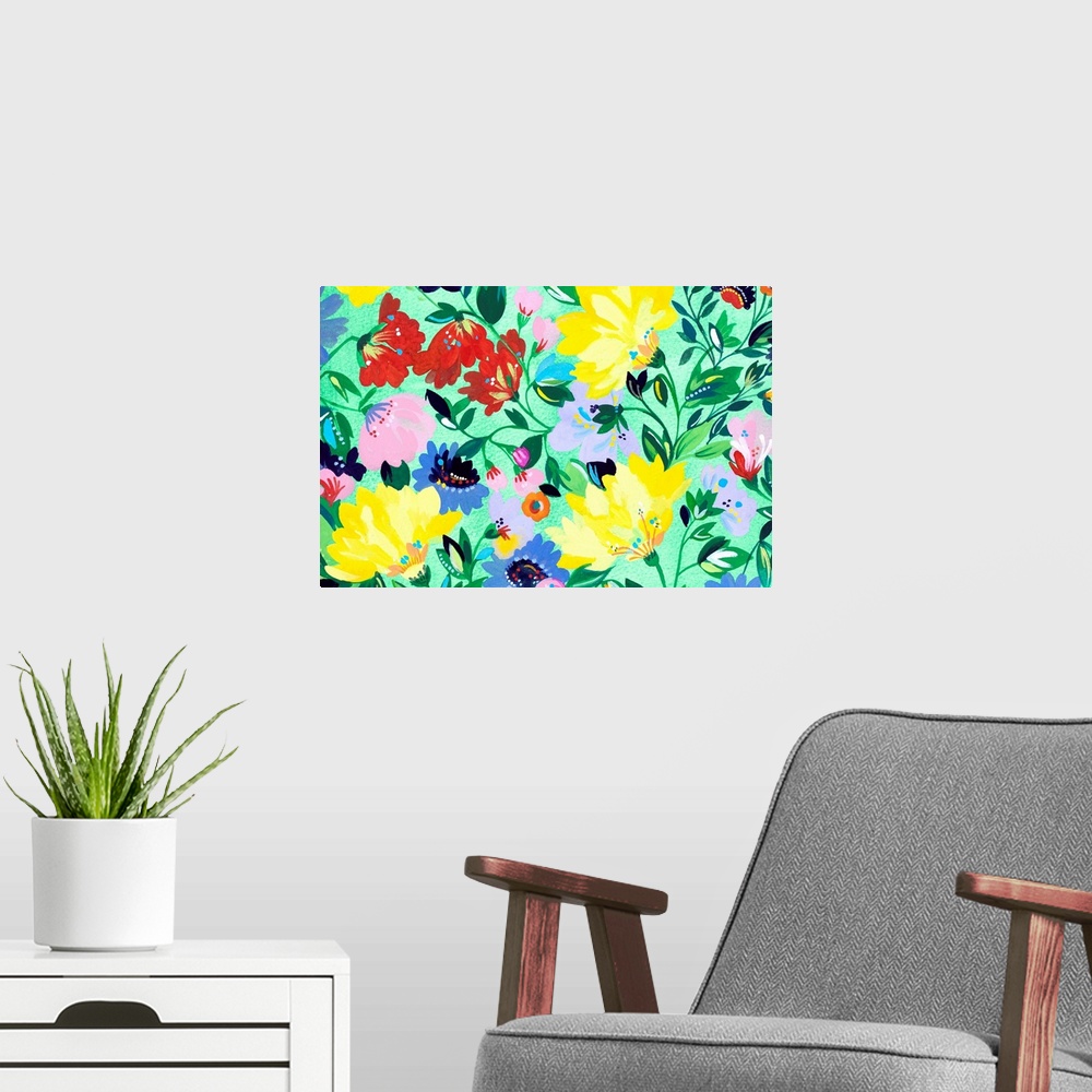 A modern room featuring Painting of warm-colored flowers and green leaves against a green background.