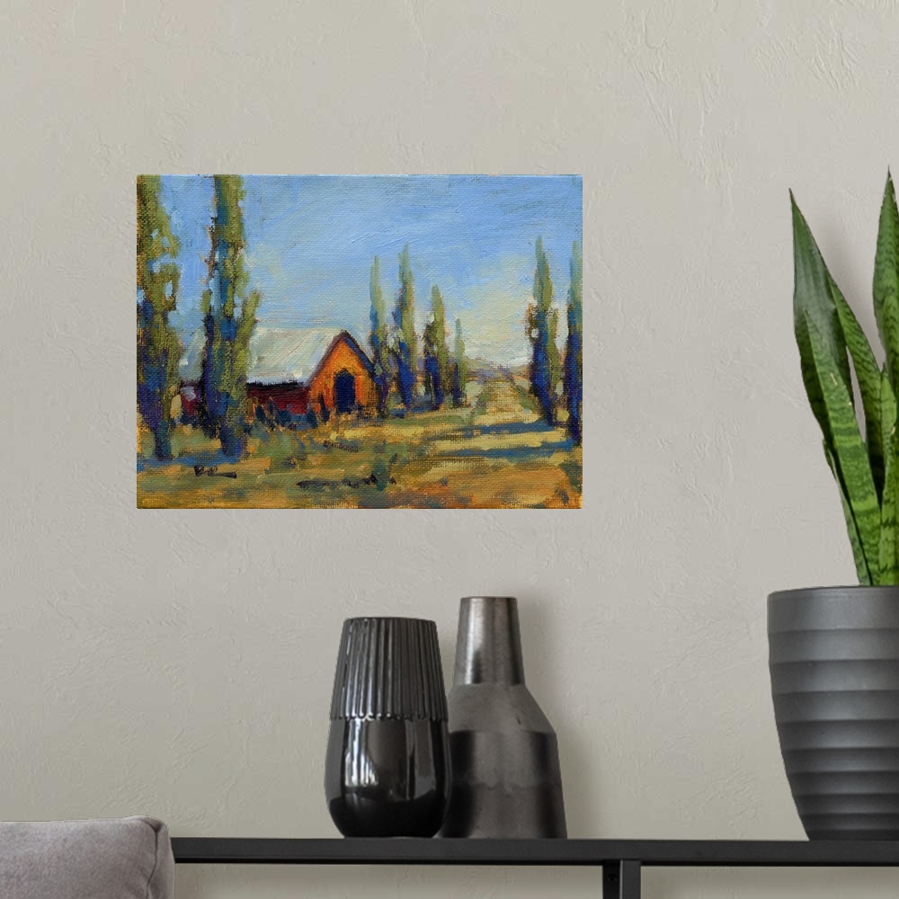 A modern room featuring A contemporary painting of a country road nearby a building lined with trees.
