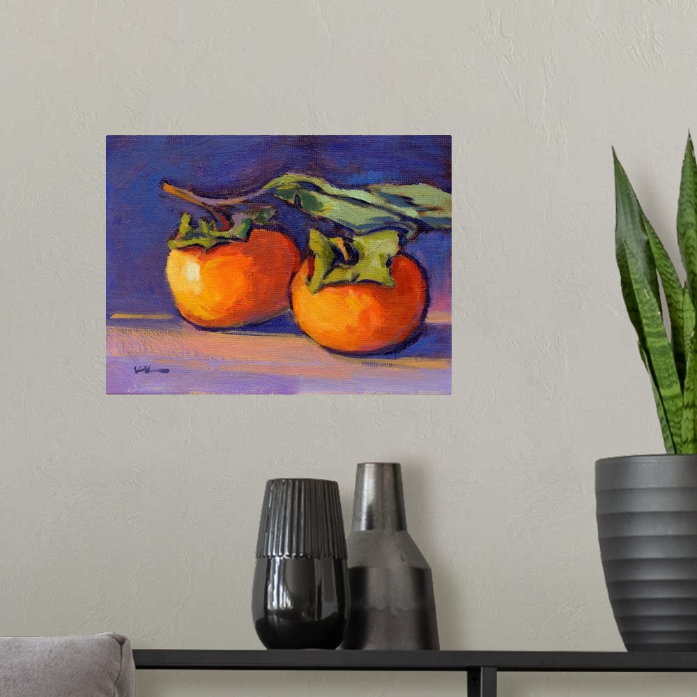 A modern room featuring Contemporary still life painting of two tomatoes still attached to the vine on a background made ...