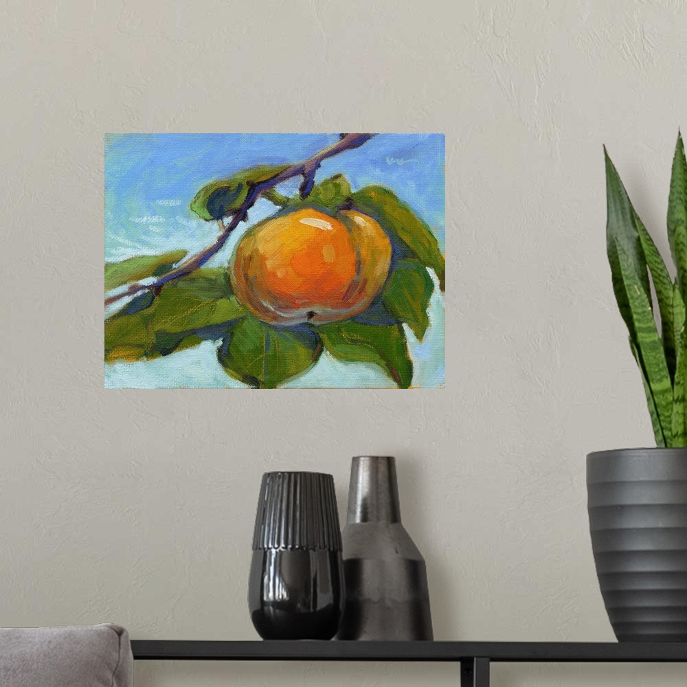 A modern room featuring A contemporary painting of a persimmon on a branch.