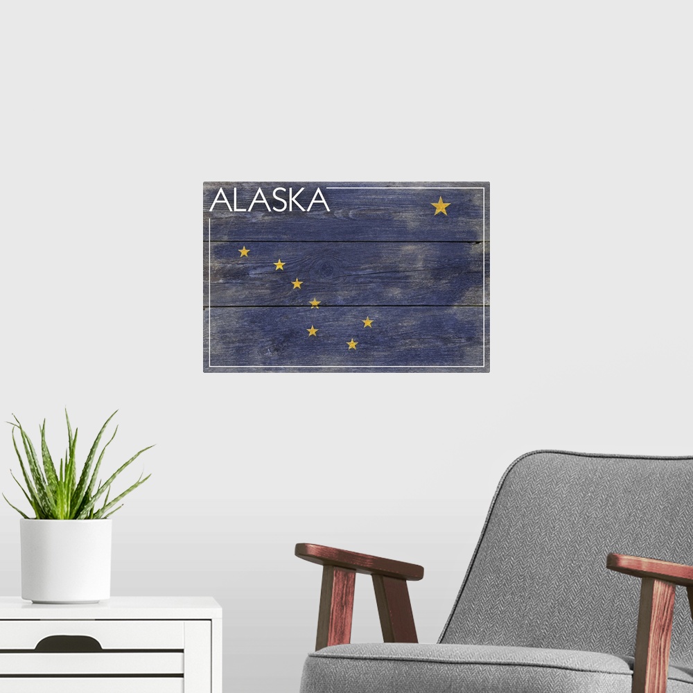 A modern room featuring The flag of Alaska with a weathered wooden board effect.