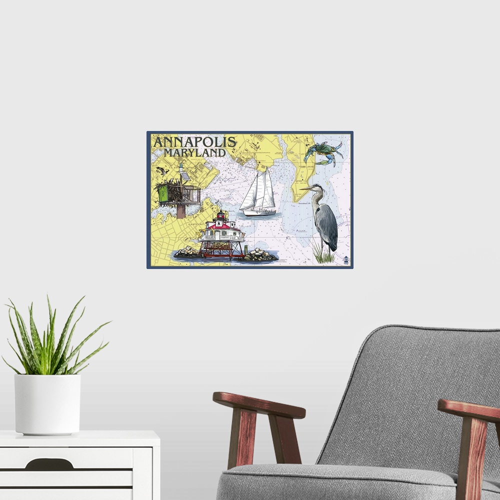 A modern room featuring Annapolis, Maryland - Nautical Chart: Retro Travel Poster